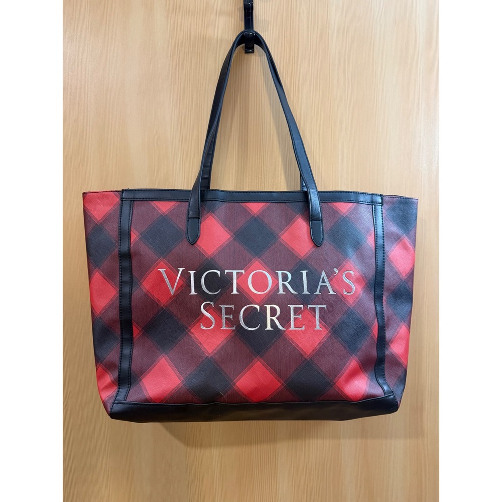 Victorias Secret Red Black Plaid Tote Bag Large Shoulder Bag Travel Gym Handbag